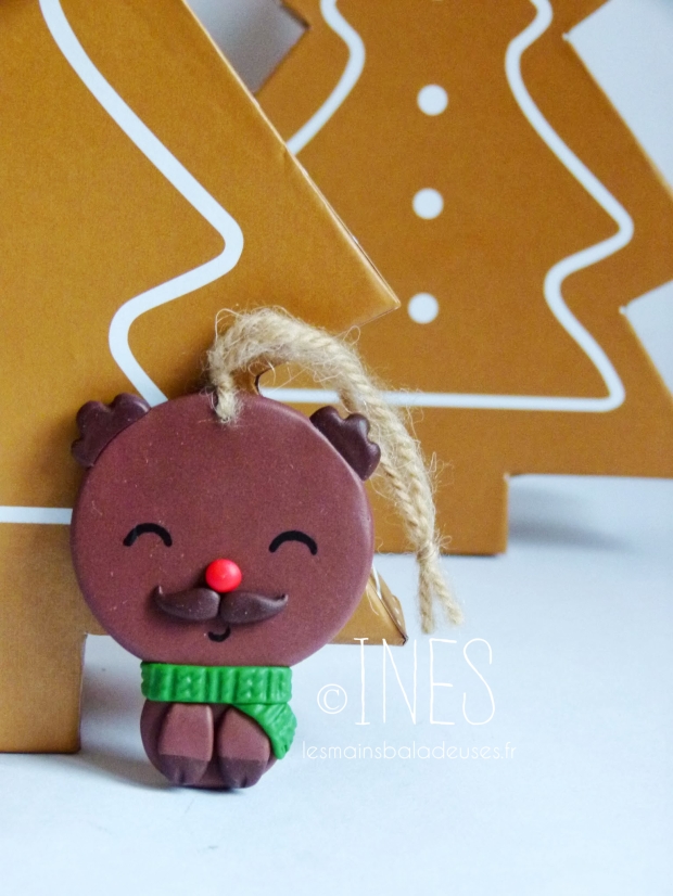 Ines mains baladeuses décoration sapin fimo moustache  renne  handmade christmas tree polymer clay decoration renne swag